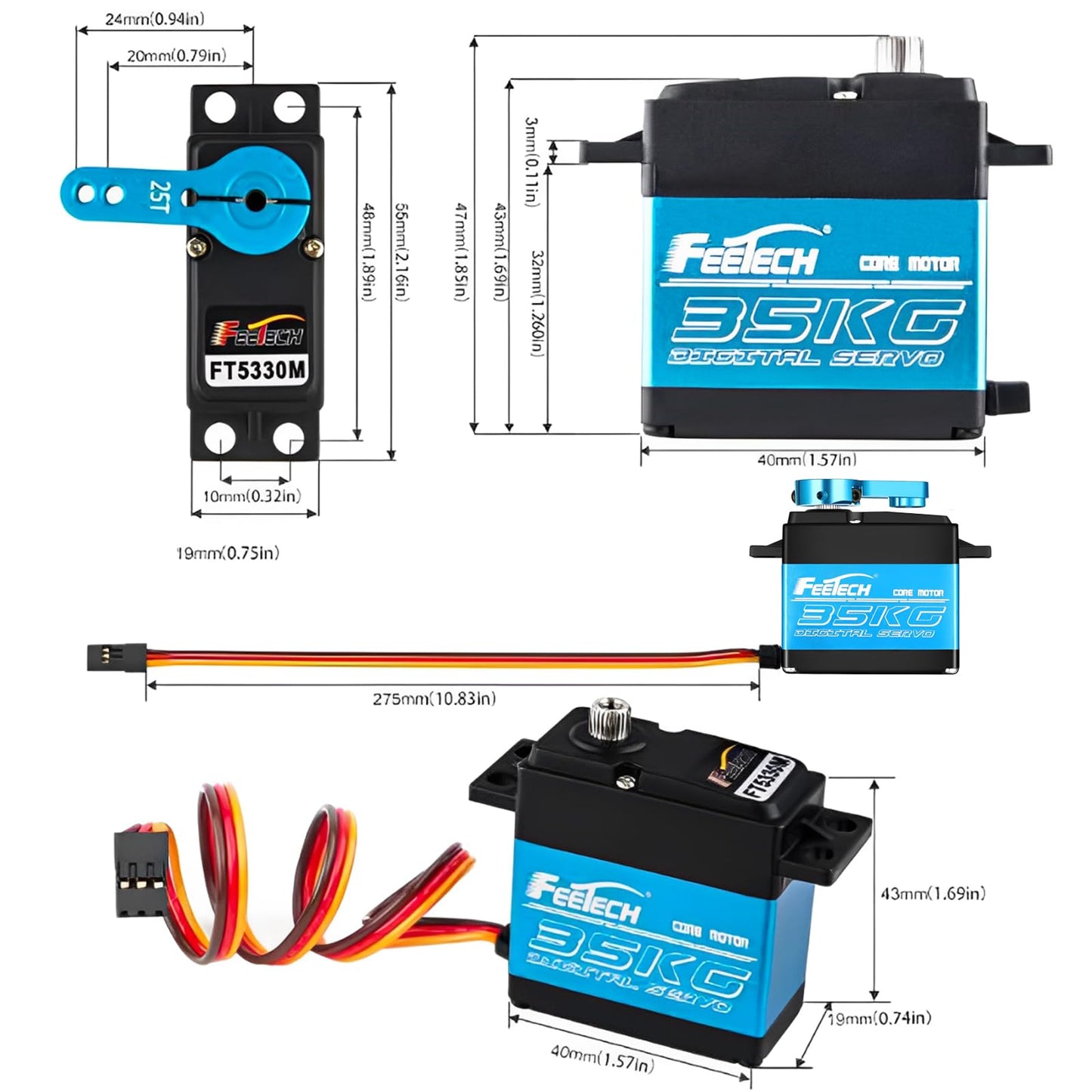 Geekstory Feetech FT5330M 35KG Digital RC Core Servo Motor Waterproof Metal Gear 25T Servo Arm Horn 180 Degree 6V-7.4V for Metal