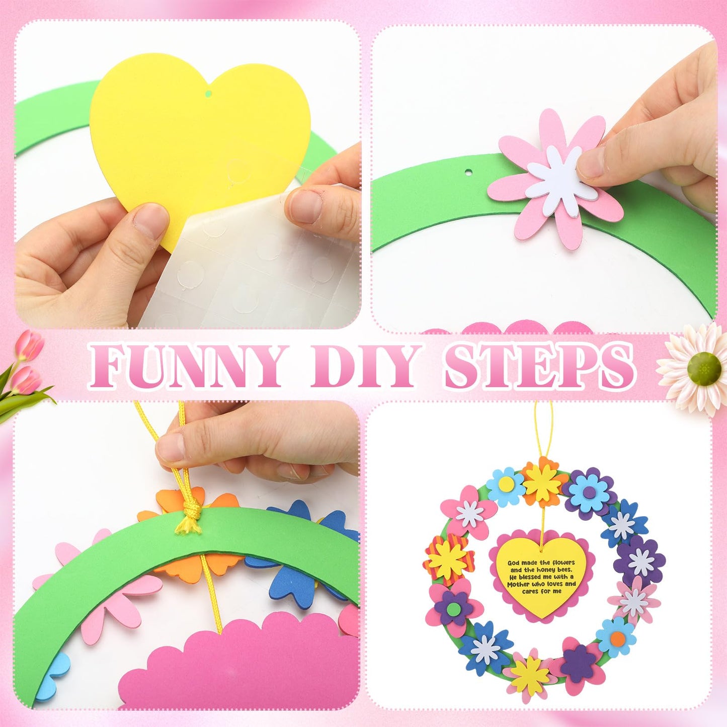 Lunmon 24 Sets Mothers Day Crafts for Kids Mom Bulk Foam Flower Wreath with Flowers Honey Bees and Inspirational Poem DIY Craft