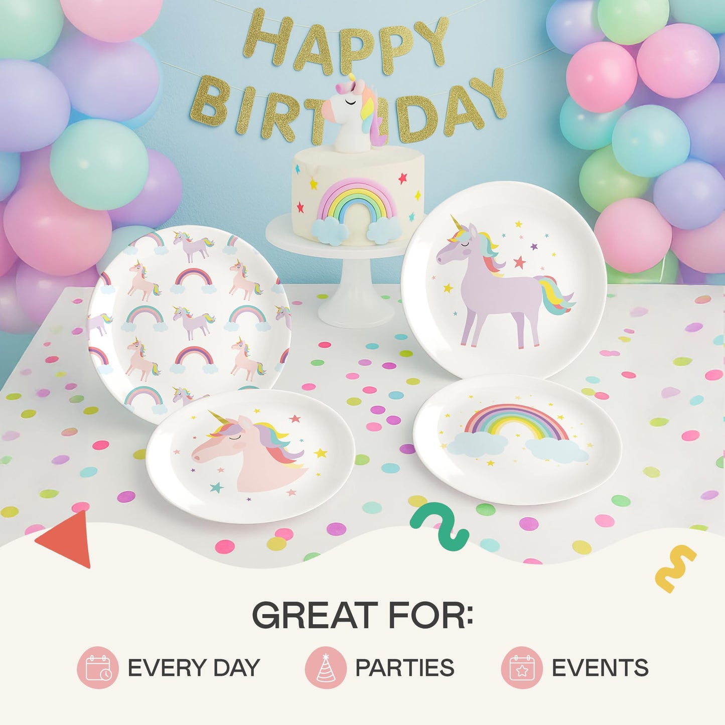Tiny Expressions Unicorn Plates - 10 Set of 4 Reusable Melamine Party Plates with Rainbows, Stars & Whimsical Unicorns - Ideal f