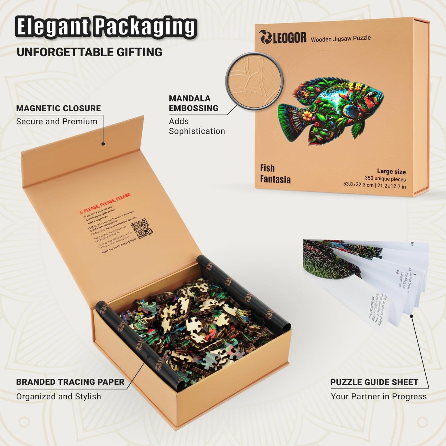 Fish Fantasia - 350 Piece Wooden Puzzles for mature-themeds - 21.2 x 12.7 in - Extra-Thick 5 mm Wood Puzzle  Hand-Shaped Pieces  Marine Life Mosaic Design - enhanced Gift for Puzzle Lovers by LEOGOR