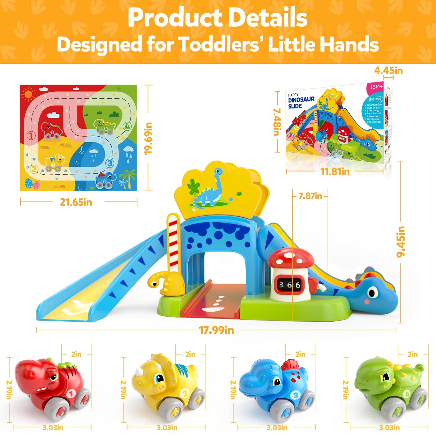 NEHEME Toddler Dinosaur Slide Set - Educational Toy with Push Cars & Playmat, Small, Plastic, Yellow/Red/Blue/Green, Model 2506B
