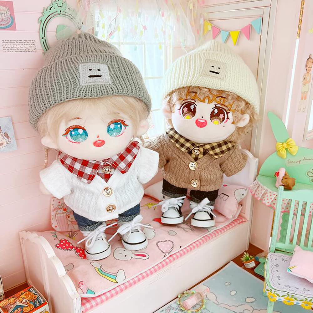 Niannyyhouse 7.8In/20Cm Plush Doll Clothes Hat Button Sweater Denim Flanging Jeans Doll Dressup (White+Brown)