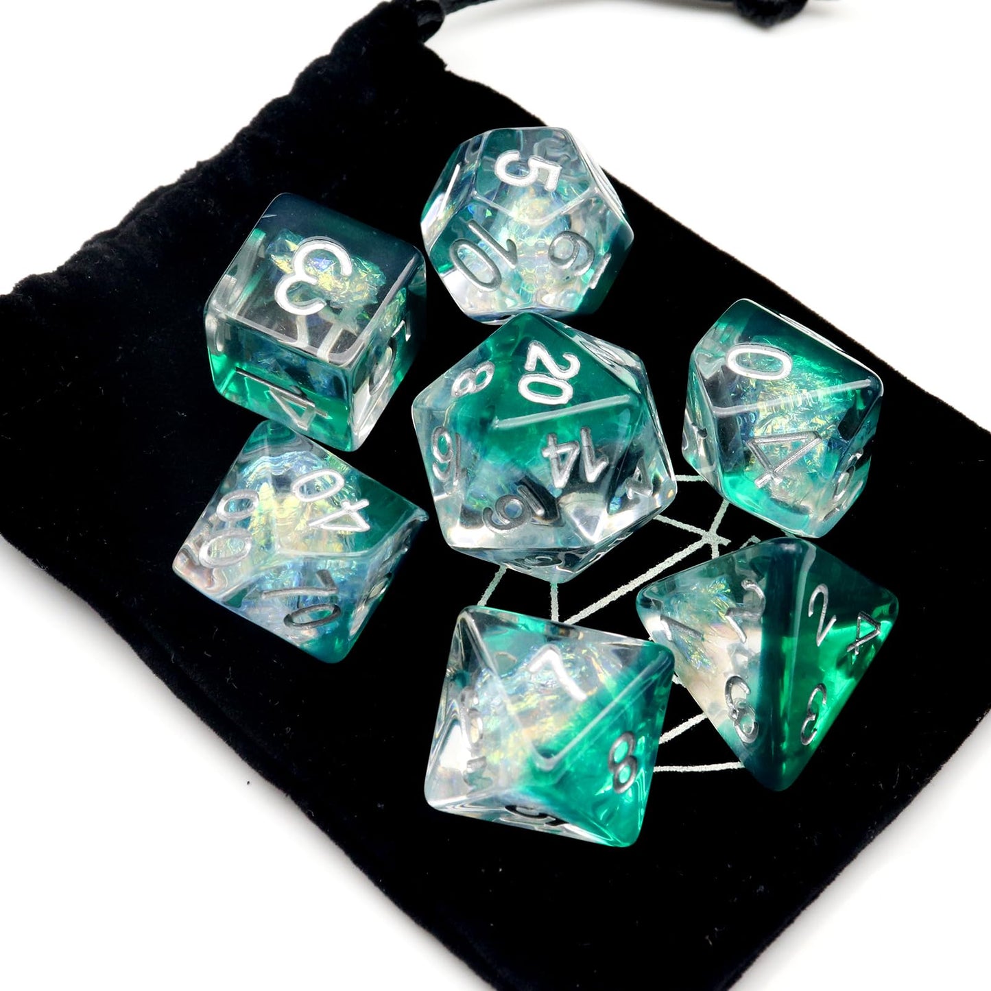Haxtec Resin DND Dice Set 7PCS Green Clear Mylar Galaxy Polyhedral D&D Dice for Roleplaying Dice Games as Dungeons and Dragons