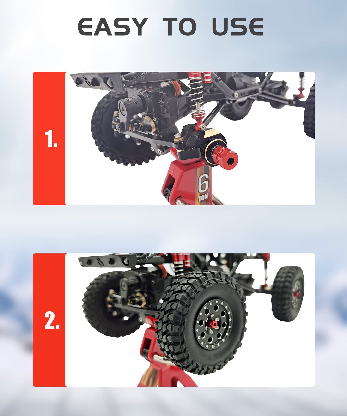 HOPLEX Beadlock Wheels and Tires 4Pcs Metal Micro Crawler Tires with Red 7mm RC Wheel Hex Hub Spacer for Axial SCX24 90081 1/24