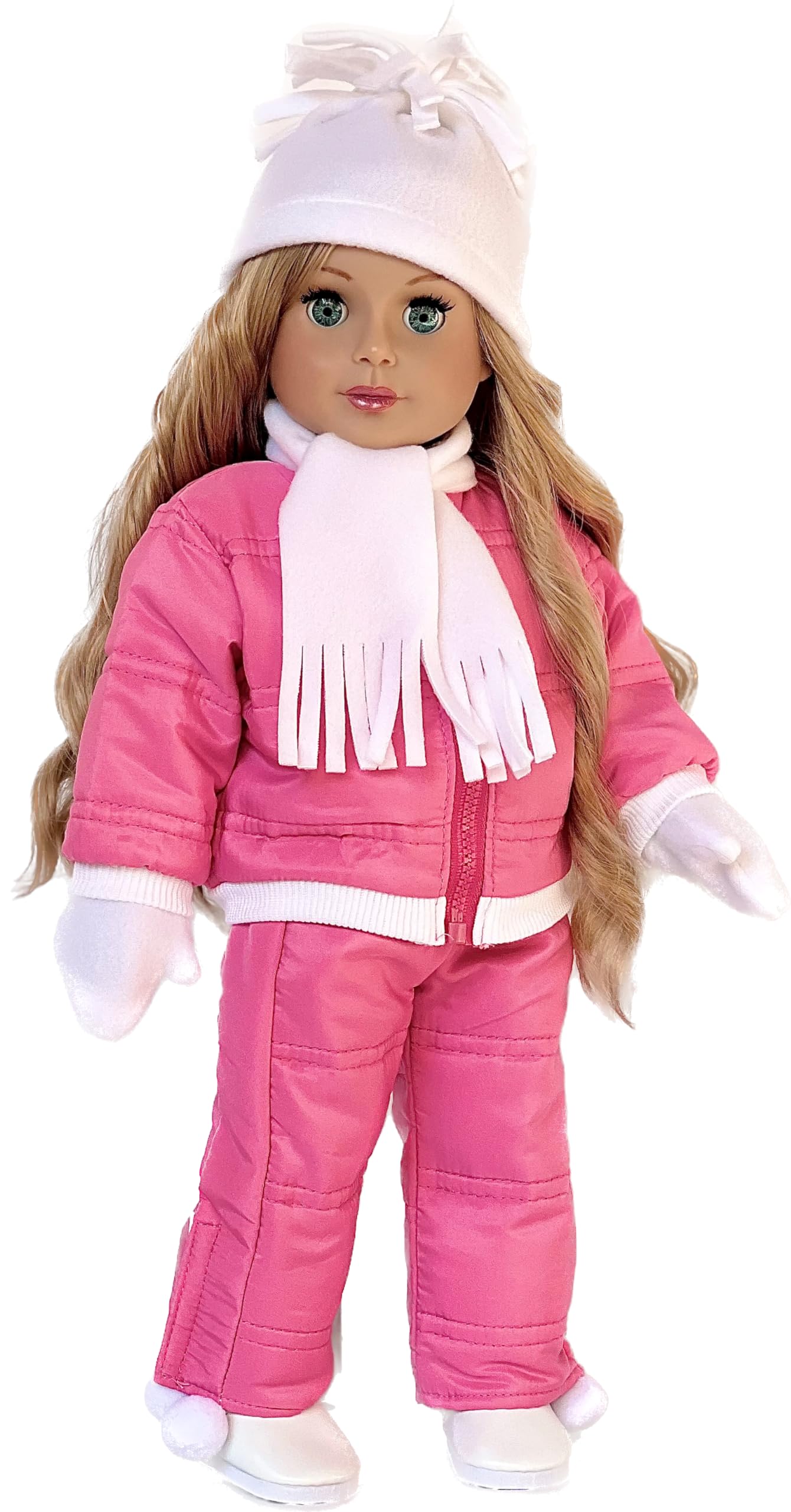 Dreamworld Collections Let It Snow - 7 Piece 18 Inch Doll Outfit - Complete Snowsuit - Pink Snow Pants, Jacket, White Turtleneck, Hat, Scarf, Mittens And Boots - (Doll Not Included)