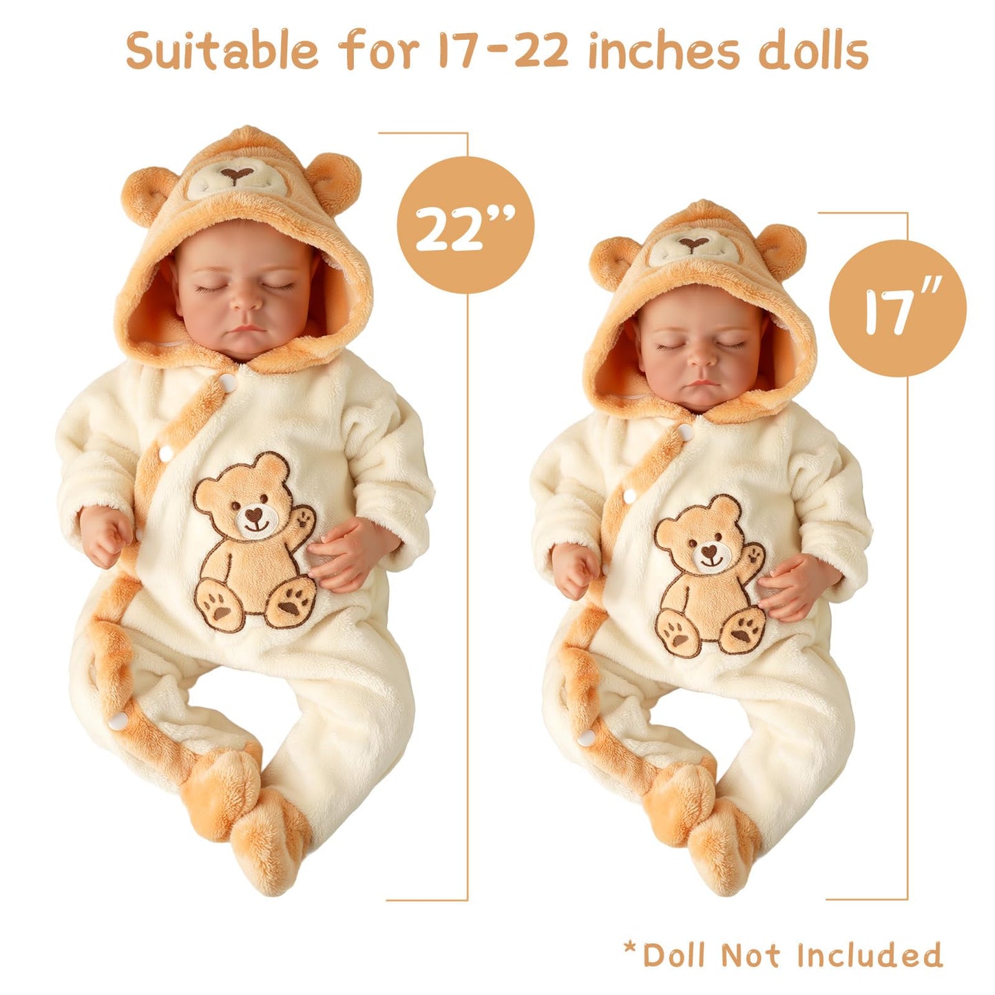 Babeside Reborn Baby Doll Clothes Set For 17-22 Inch Babydolls, Cute Bear Pattern Baby Doll Clothing With Hat For Lifelike Rebor