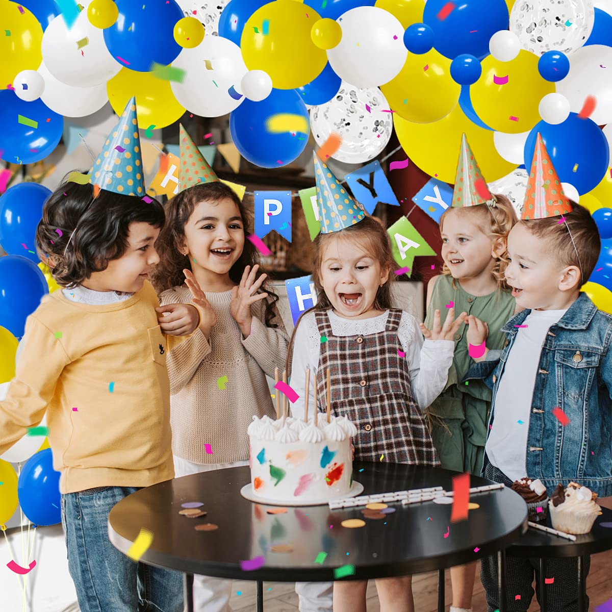 Blue Yellow White Balloon Garland Arch Kit, 116Pcs Royal Blue Yellow White Silver Confetti Balloons For Birthday Bridal Baby Sho