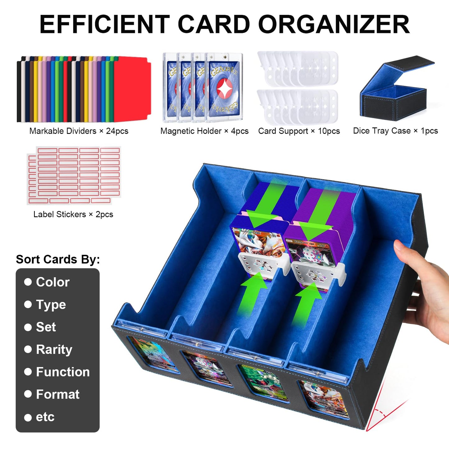 GEAoffice Trading Card Storage Box for 3200+ Cards With Display Windows  enhanced MTG Deck Box With Card Supporters & Divider  Commander Storage Box for TCG  Magic Game  Sports  Black/Blue