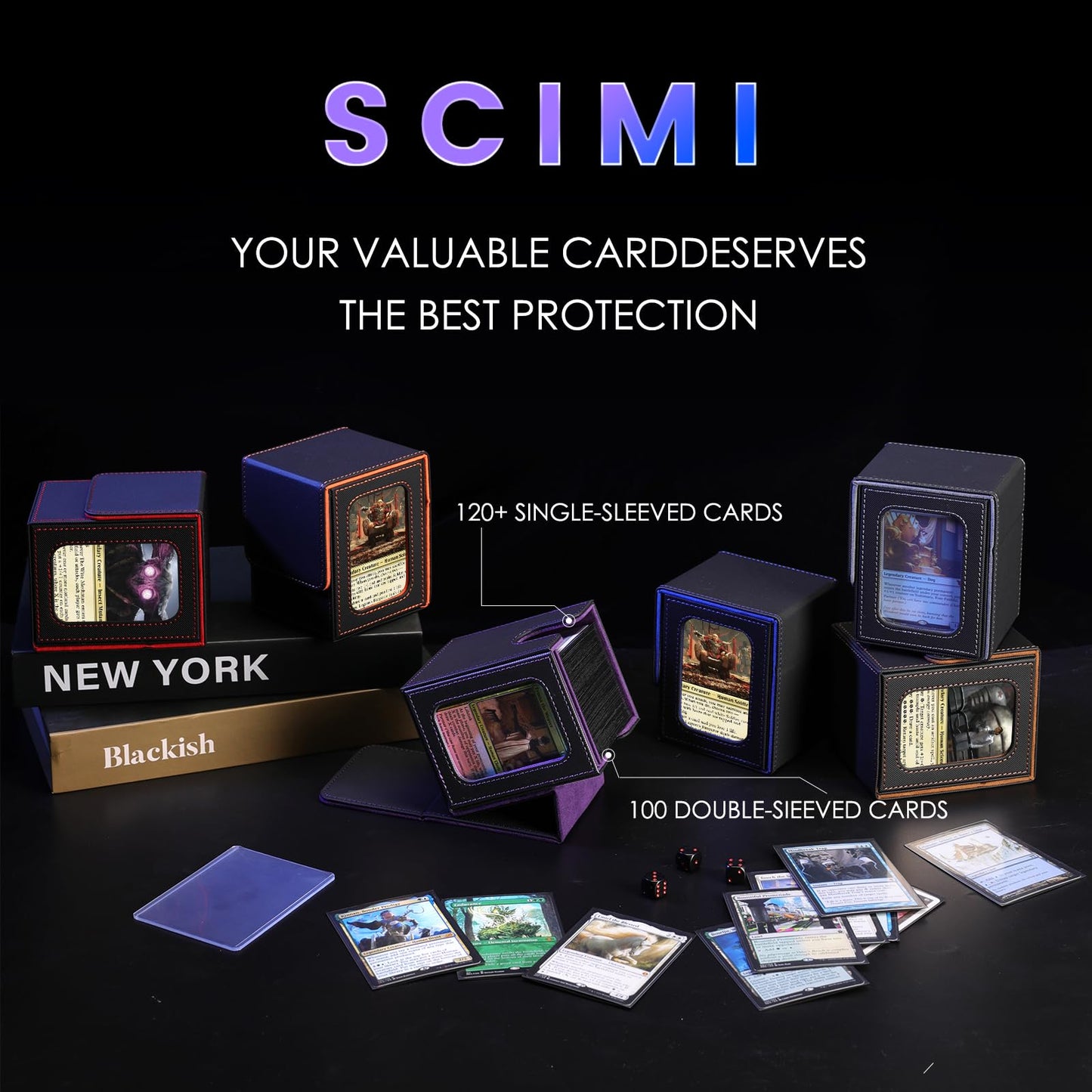 Scimi Mtg Deck Box For Commander Display,Card Deck Box Fits 100 Double Sleeved Cards, Magic Commander Tcg Card Leather Storage Box With 2 Dividers And 1 Toploader (B/R)