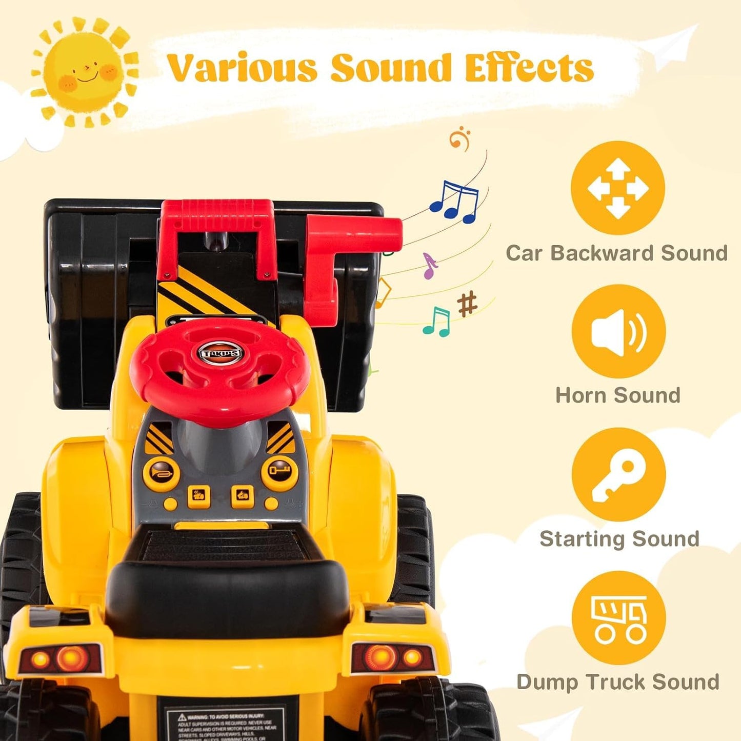 Costzon 2-in-1 Ride on Excavator Bulldozer, 6V Electric Excavator Ride on Toy with 3 Balls & Basketball Hoop, Adjustable Bucket,