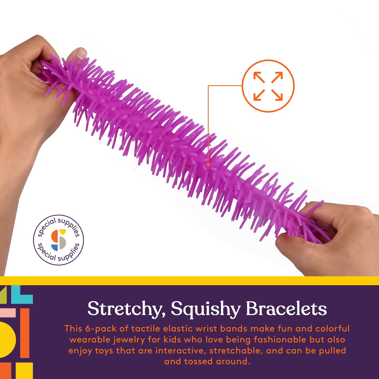 Special Supplies Squishy Fuzzy Band Bracelets for Kids, 6 Pack, Flexible and Stretchy Wearable Sensory Toys, Tactile Silicone Sq