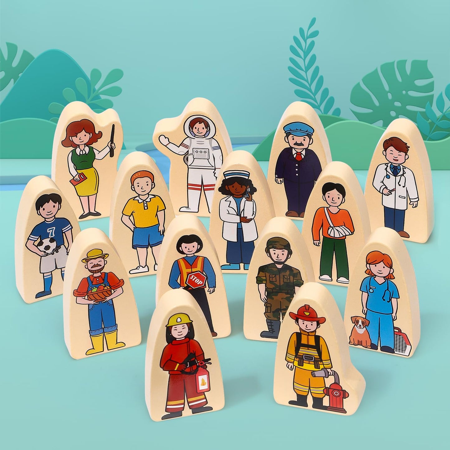 Atoylink 36Pcs Wooden Community Helpers Pretend Play Toys For Kids 3 4 5 6 Year Old, Little People Figures Wooden Blocks Occupations Dress Up Toddlers Preschool Learning Toys Boys Girls Birthday Gifts