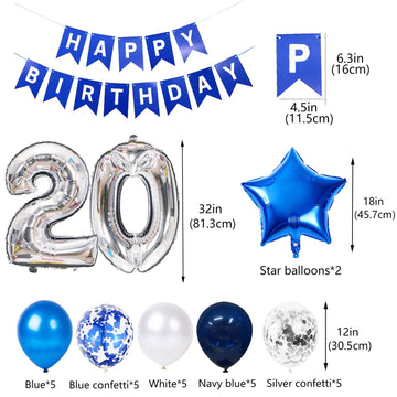 20Th Birthday Party Decorations For Men, Happy20Th Birthday Banner Blue Star Number 20 Foil Balloons 20Th Birthday Latex Confett