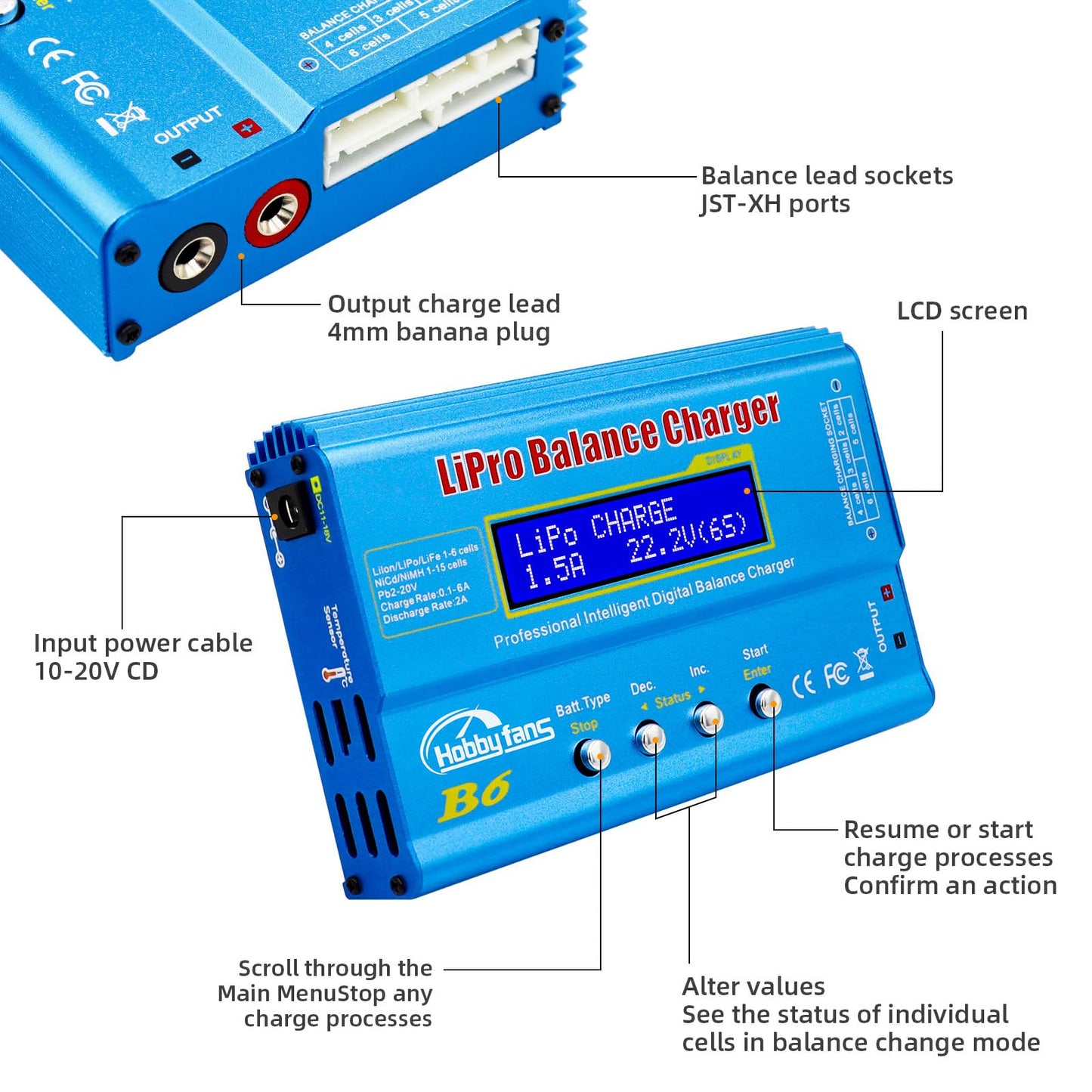 Hobby Fans B6 Mini Professional Balance Charger/Discharger with Power Supply for 1S-6S LiPo Lilon Life NiCd NiMh Pb RC Battery