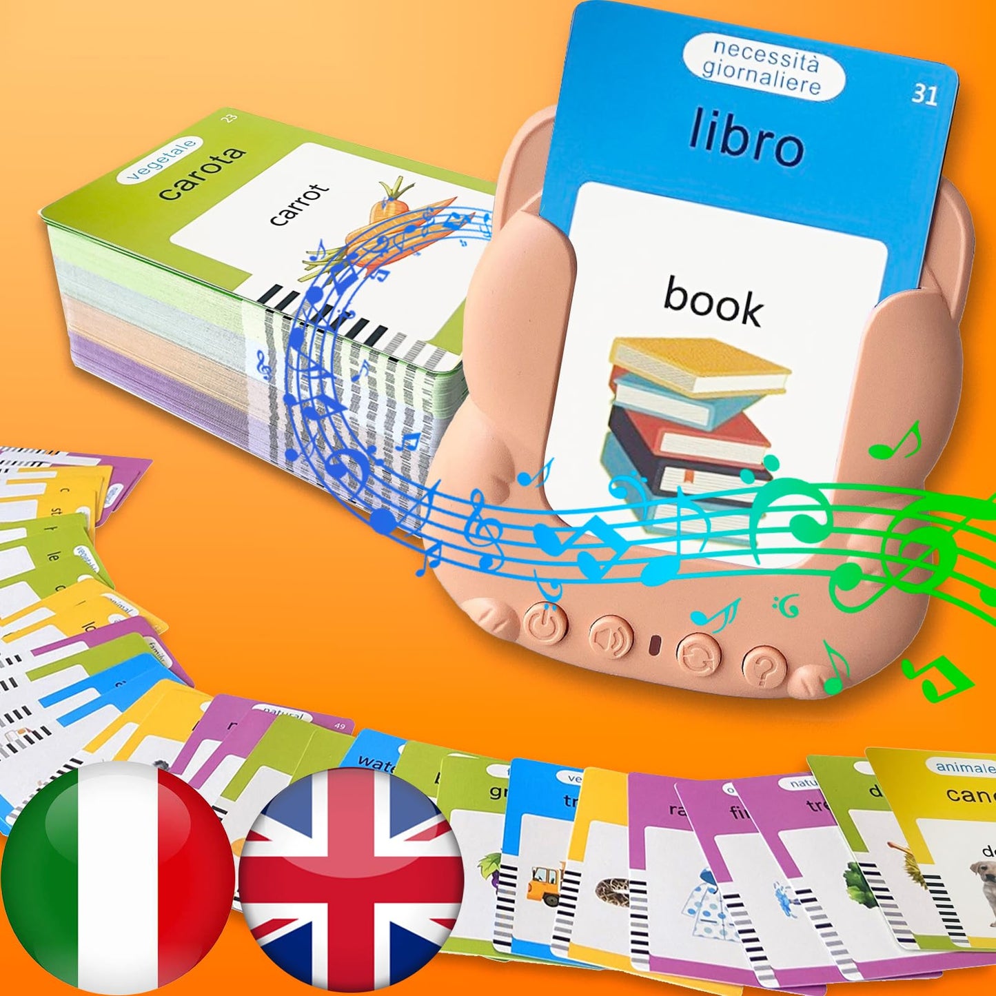Halcontorno Talking Flash Cards For Kids - Italian Bilingual English Flashcard For Toddlers 3-12, Test Mode, 510 Sight Words, Au