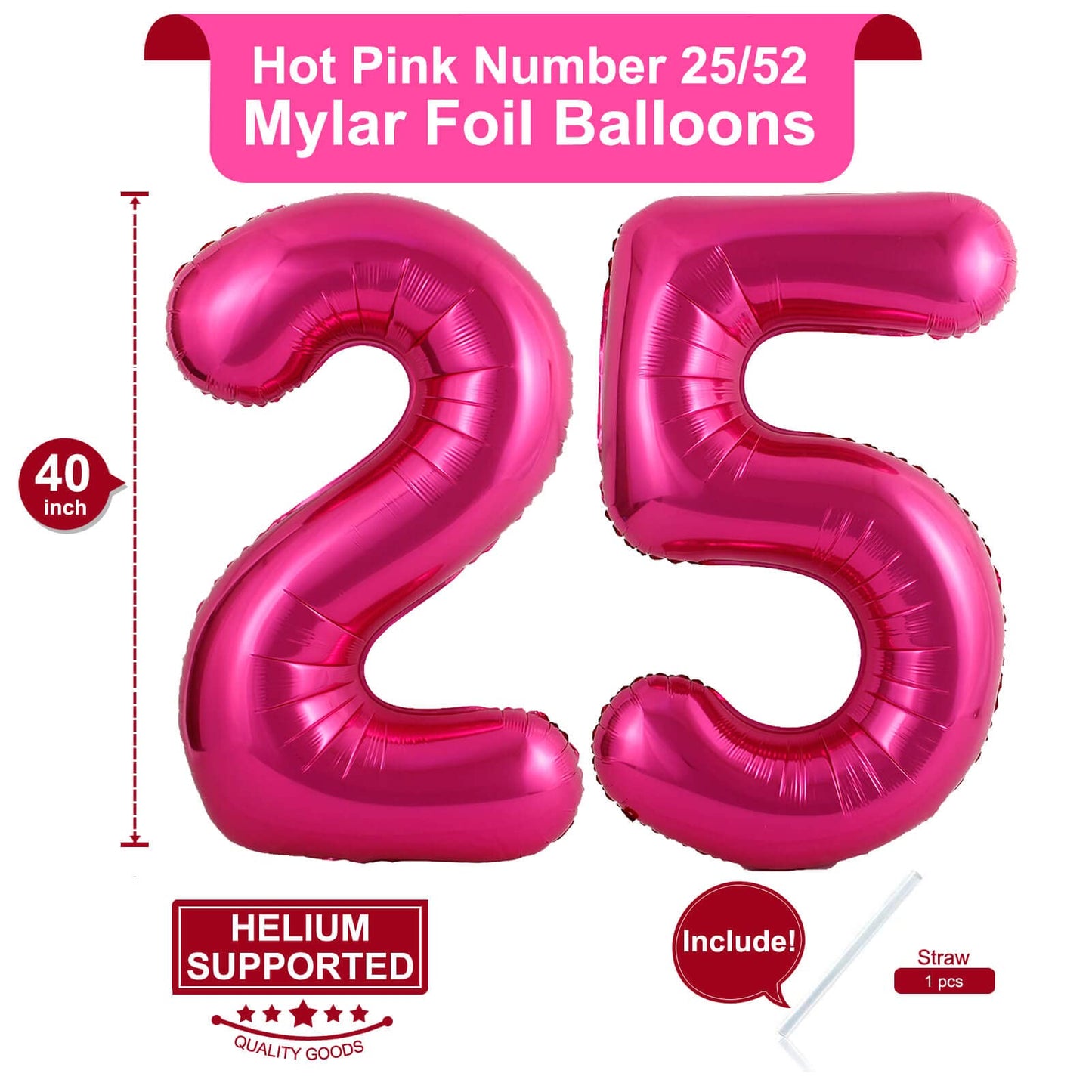LHOAVWE 40 Inch Hot Pink Jumbo 25 Number Foil Balloons - Mylar Helium Decorations for 25th Birthday Party & Anniversary Events