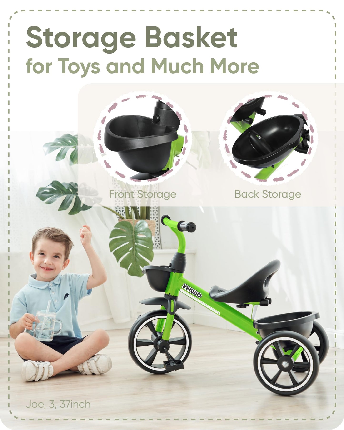 KRIDDO Tricycle for Kids Age 2-4, Large Green Toddler Trike, Carbon Steel, Model TC003-Green