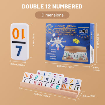 Pureplay Mexican Train Dominoes Set With Numbers - Double 12 Colored Number Dominoes - Includes 91 Tiles With 9 Trains, 4 Wooden Trays And Storage Bag For 2-8 Players Ages 8+