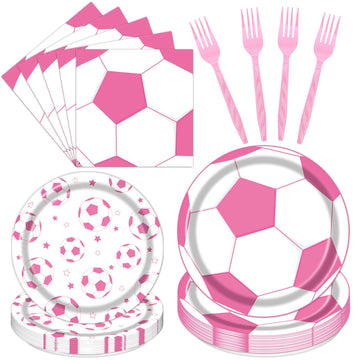 Rakuto Pink Soccer Plates and Napkins Set for Girls, 96PCS Disposable Birthday Party Paper Tableware Decorations, Soccer Theme B