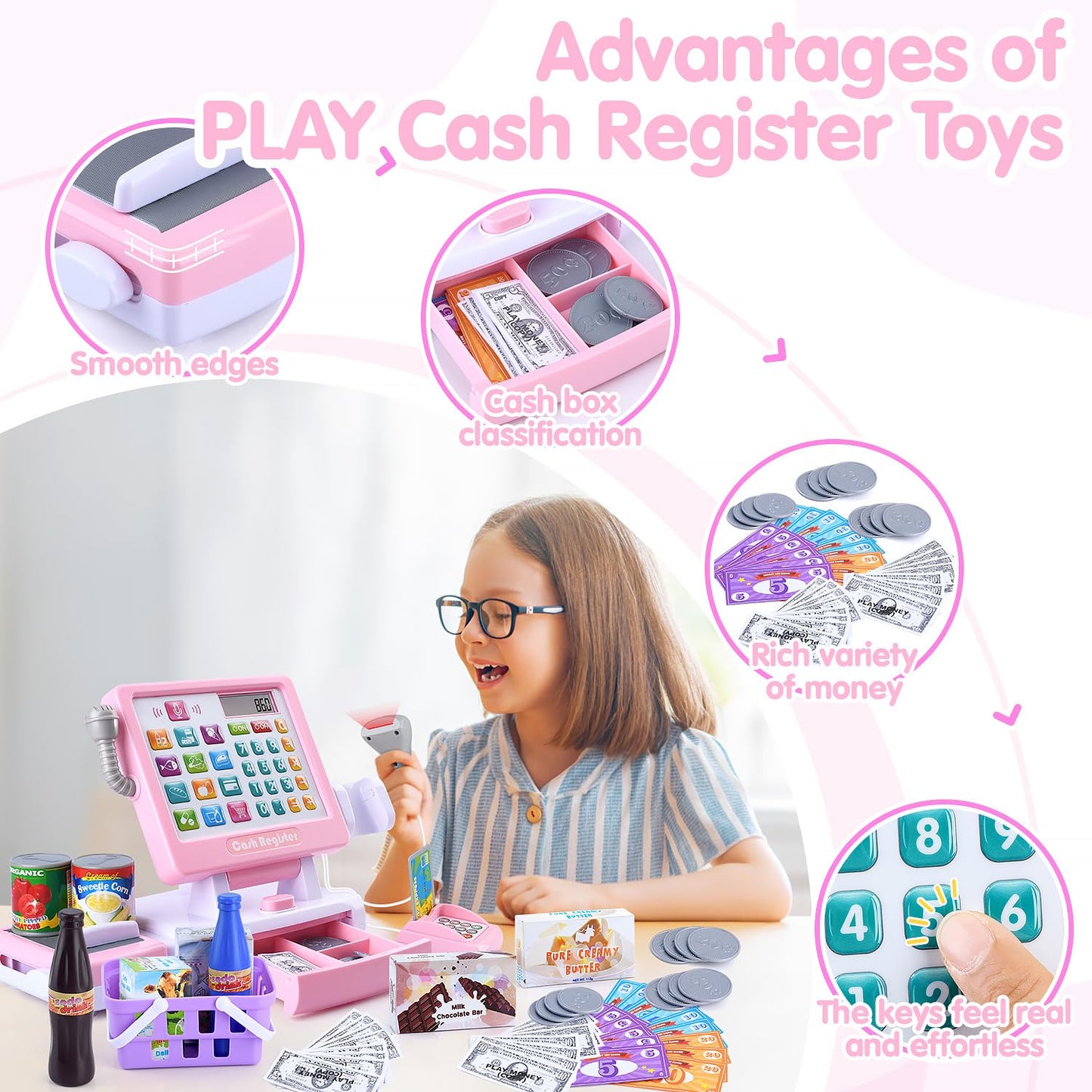 PLAY Kids Cash Register Toy - Pretend Play Calculator Register Toys with Microphone/Conveyors/Play Money/Scanner/Credit Card/Can