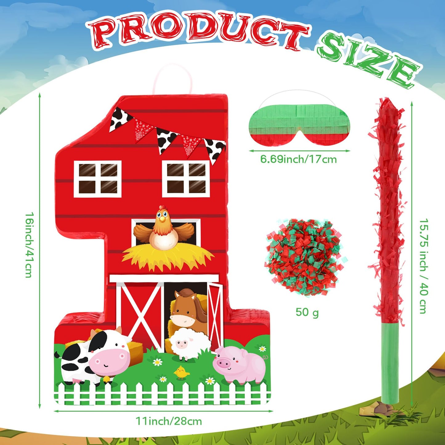 Hungdao Farm Birthday Pinata Number Pinata With Blindfold Bat And Confetti Animal Pinata For Boys Girls Birthday Party Decorations Barnyard Baby Shower Carnival Game Supplies(Farm Number 1)