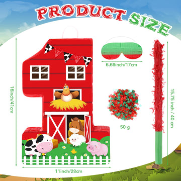 Hungdao Farm Birthday Pinata Number Pinata With Blindfold Bat And Confetti Animal Pinata For Boys Girls Birthday Party Decorations Barnyard Baby Shower Carnival Game Supplies(Farm Number 1)