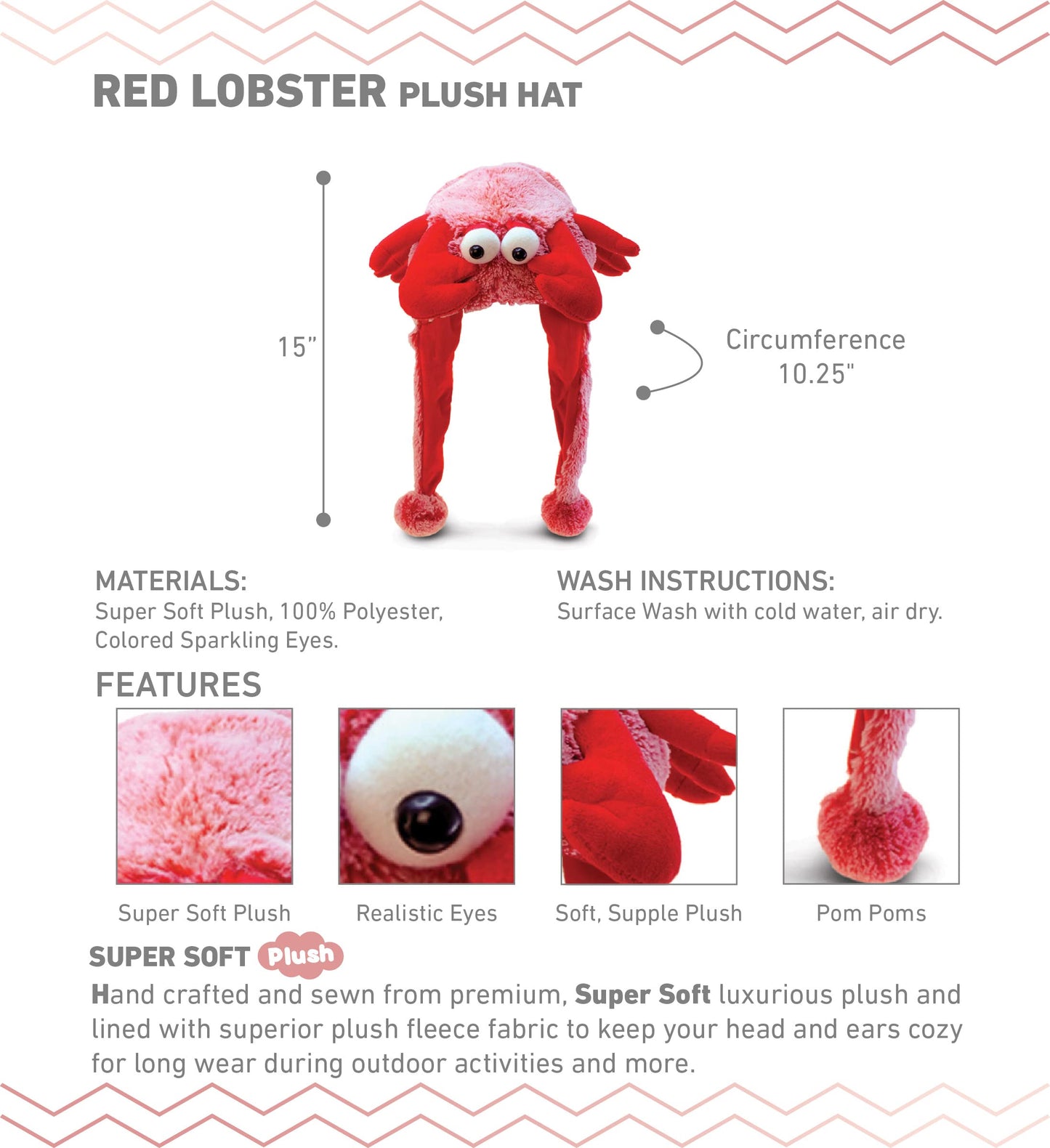 Puzzled Red Lobster Plush Hat - Super Soft and Cozy Fleece Hat With Ear Flaps, Funny Party Costume Toy for Kids & Teens - One Si