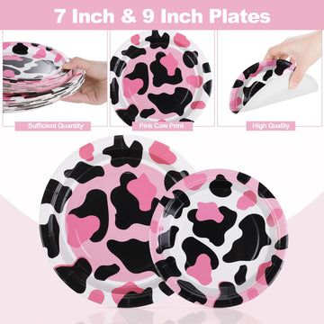 Durony 350 Pieces Pink Cow Print Party Tableware Pink Cow Party Supplies Cowgirl Party Decorations Cow Party Plates Cups Farm Th