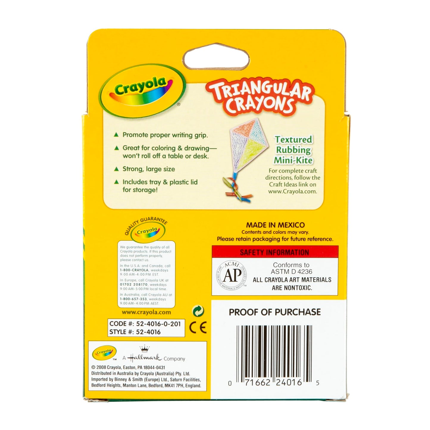 Crayola Triangular Crayons, Multi-Colored, 16 Count, Wax Material, Model BIN524016-16