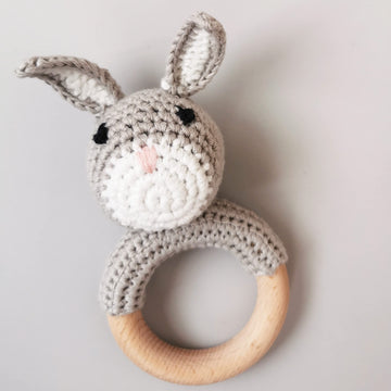 Joliecraft Natural Wooden Baby Rattle Soft Shaker Toy With Teething Ring For Infants Gray Bunny