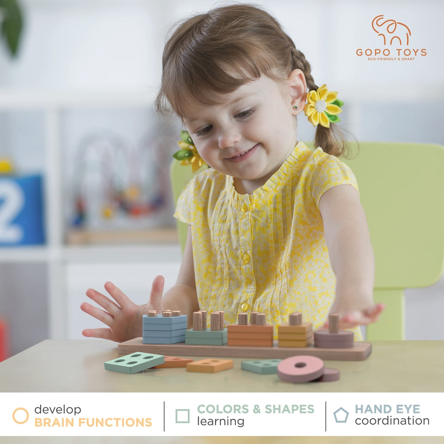 Gopo Toys Montessori Toys For 18+ Months Old - Toddlers Wooden Sorting And Stacking Toys For Baby Boys And Girls - Shape Sorter And Color Stacker Preschool Kids Wood Gifts
