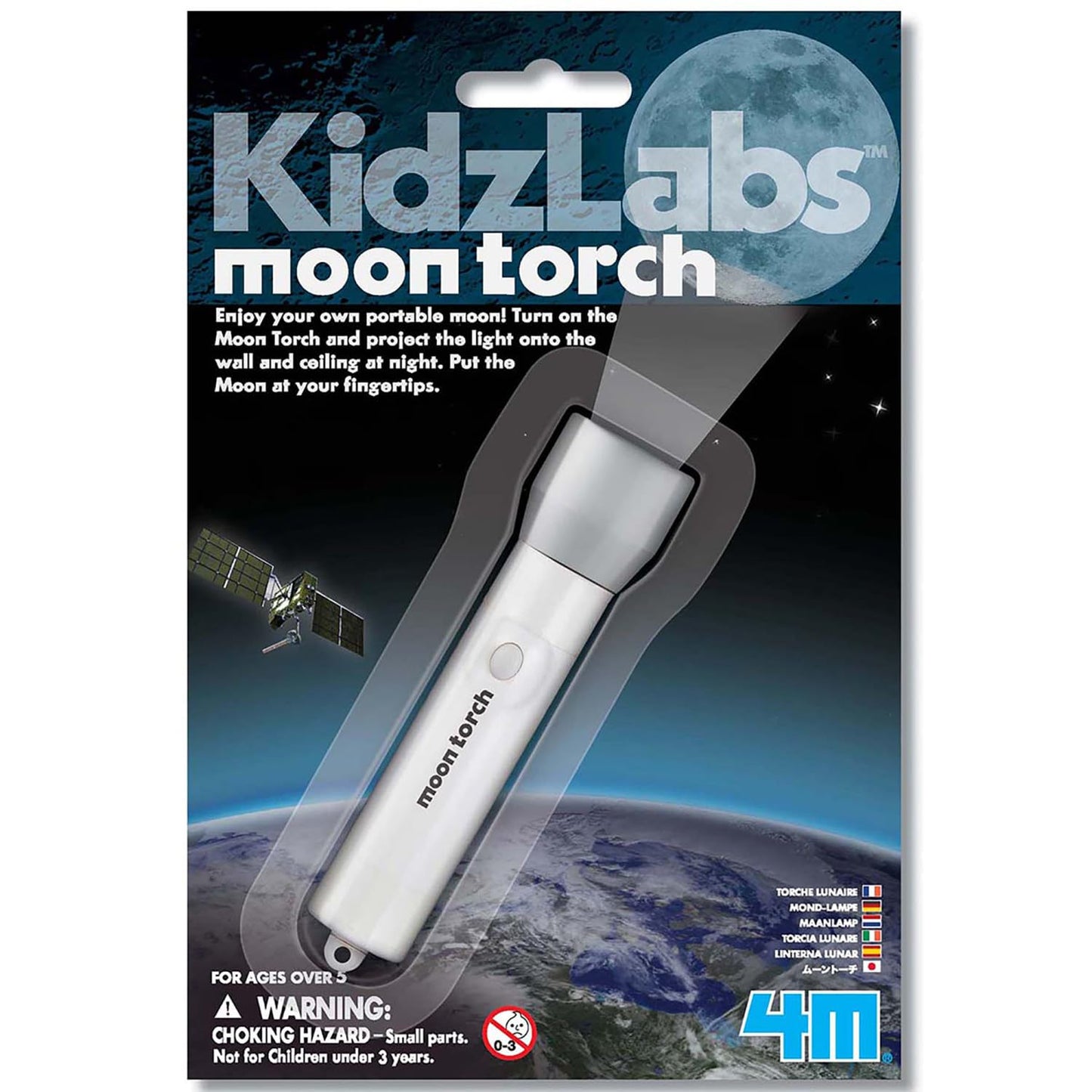 4M: KidzLabs - Moon Torch - Portable Projecting Toy Flashlight, Adjustable Focus Lens, Cast On Walls-Ceilings, Realistic Moon Im