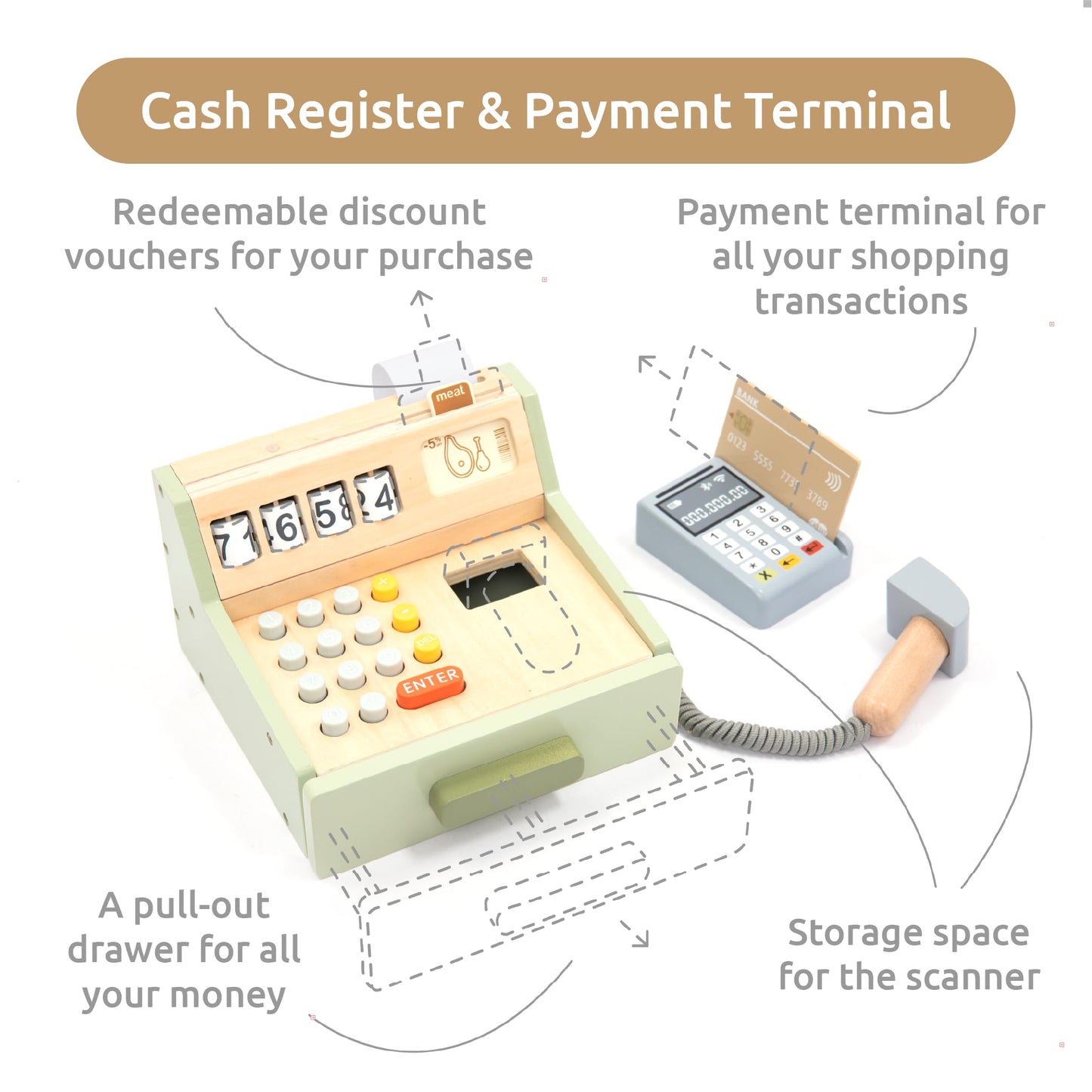 Umu Wooden Cash Register For Kids - Includes Accessories (Scanner, Payment Terminal, Play Money, Etc.), Role Play Shop & Accesso
