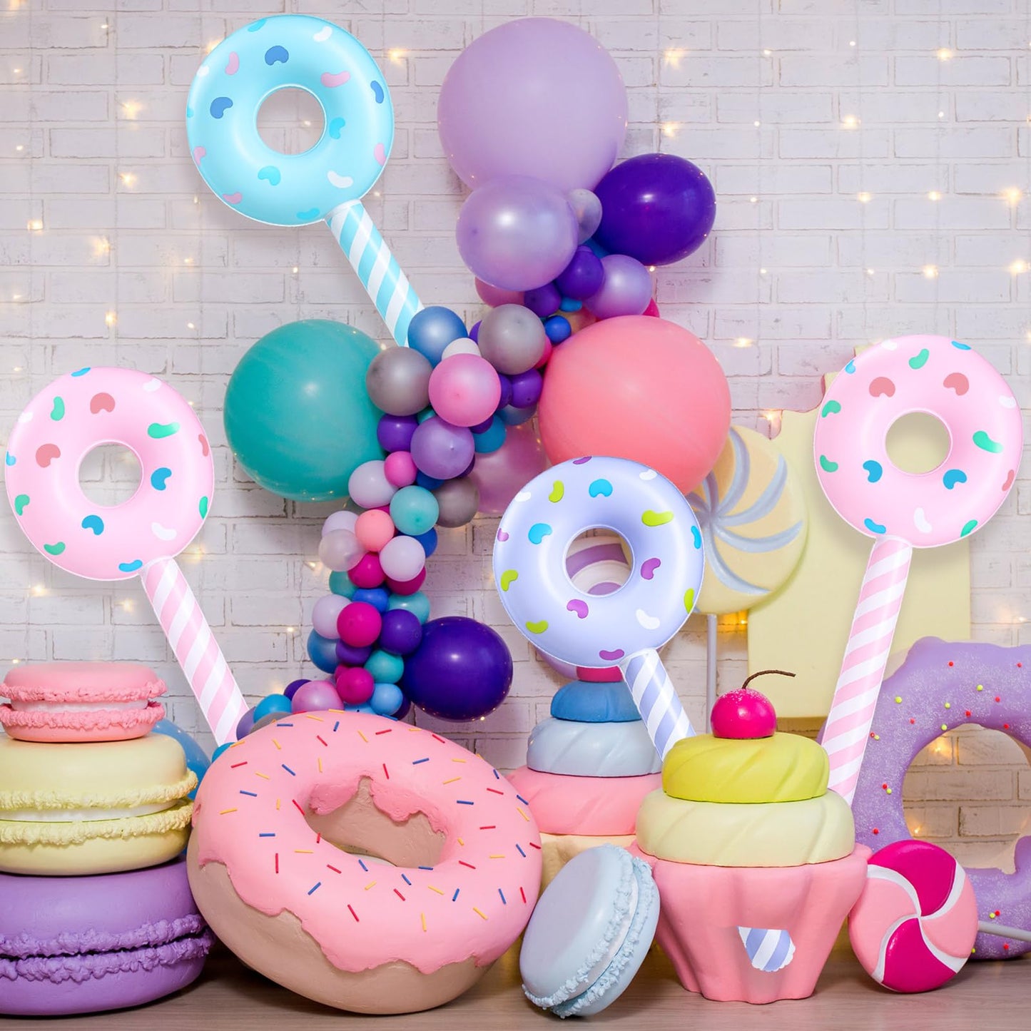 Civaner 6 Pcs Candyland Birthday Party Decoration Donut 33 Inch Lollipop Stick Inflatable Large Candy Float Donut Shape Balloon