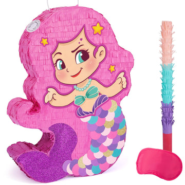 Wernnsai Mermaid Piñata-Mermaid Party Piñata With Bat And Blindfold For Girls, Kids Birthday Party Games Anniversary Celebration Classroom Activities Mermaid Themed Party Decorations (15.7’’ X 12.2’’)