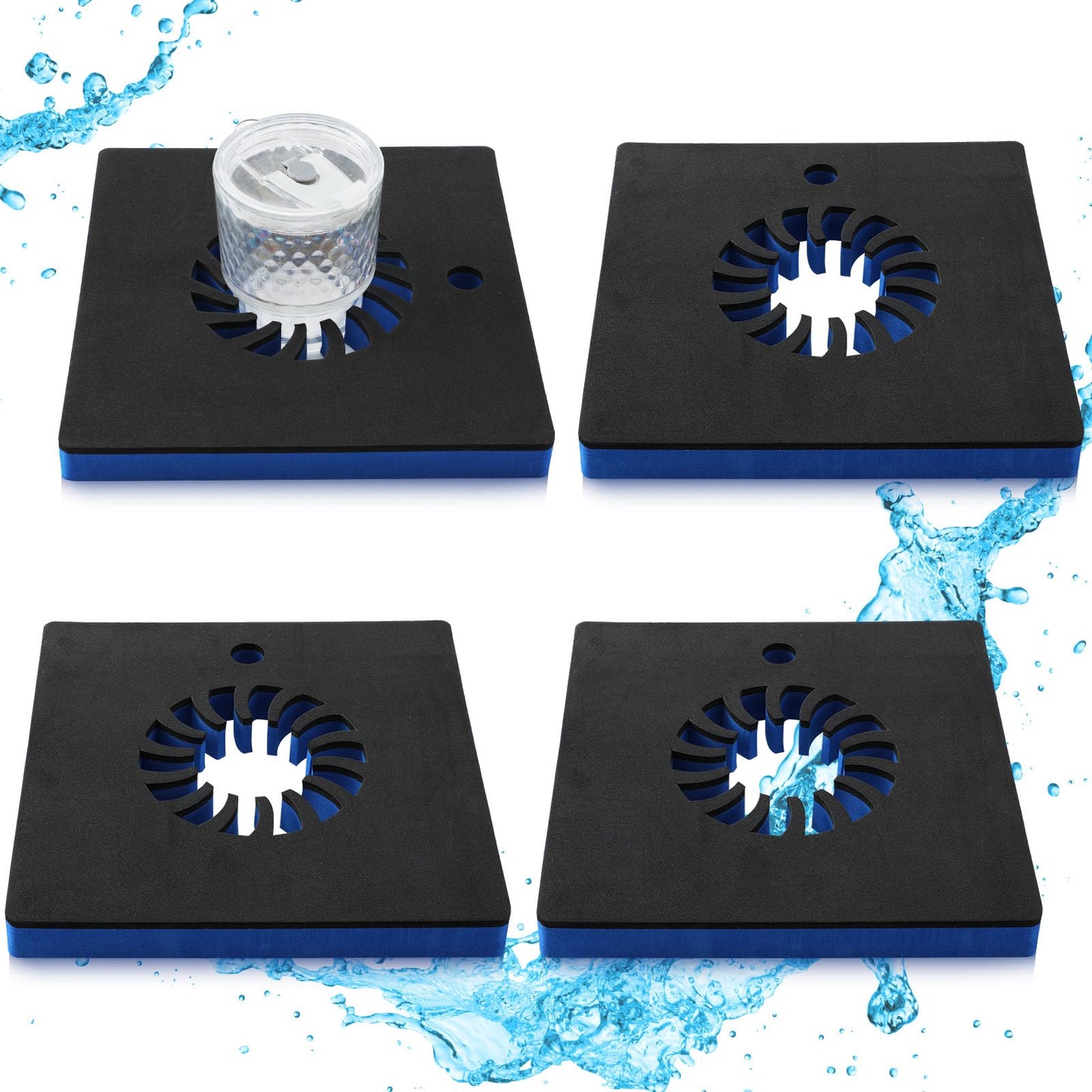 Newtay 4 Pcs Foam Floating Drink Holder For Pool 9.5 Inch Blue And Black Refreshment Table Tray Portable Tumbler Pool Bar Access