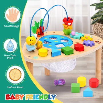 Oathx Activity Table For 1+ Year Old, 6 In 1 Wooden Montessori Activity Center Play Table With Bead Maze Shape Sorter Fishing Game, Kids Sensory Educational Toddler Learning Toys 1St Birthday Gifts