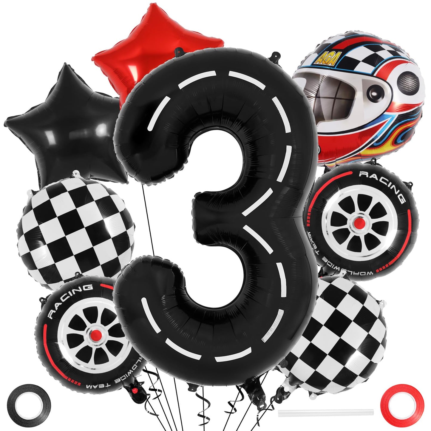 Race Car 3 Balloons, 40 Inch Racetrack Number 3 Balloon, Large Foil Mylar Racetrack Black 3 Balloon For 3 Year Old Birthday Race