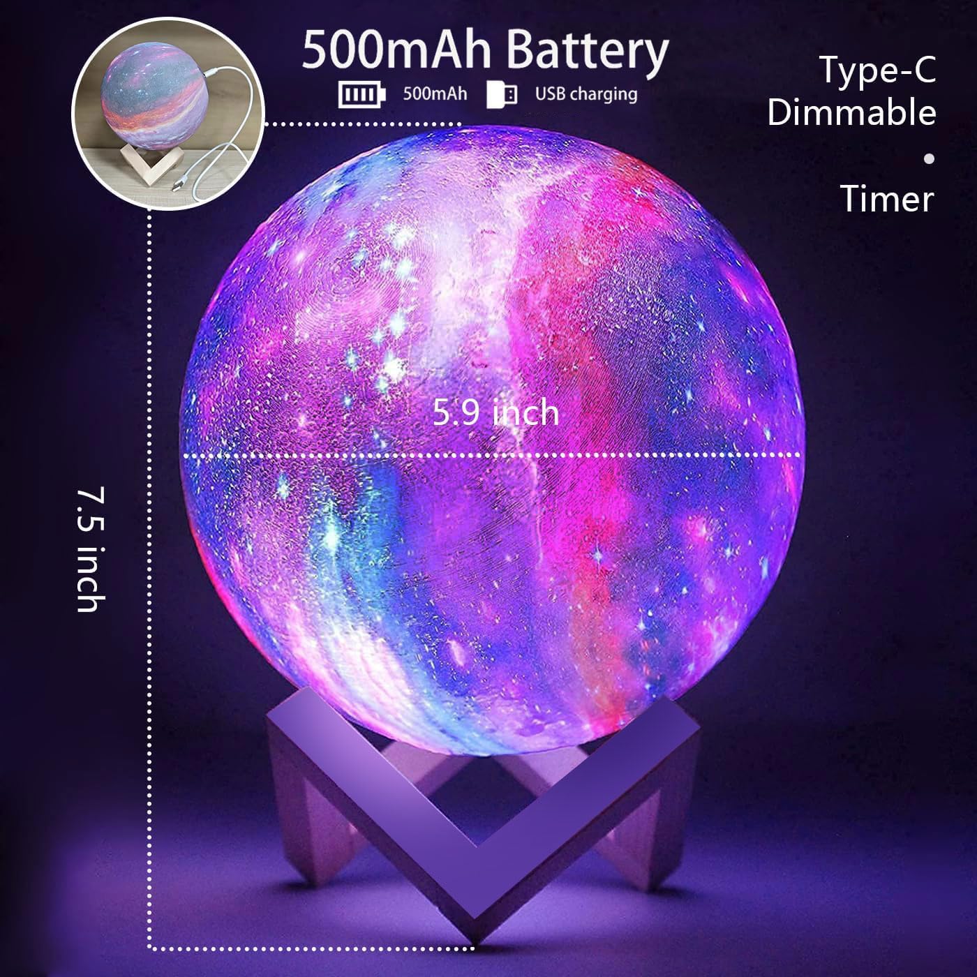 CPLA Night Lamp for Kids & Teens, 128 LED Colors, 5.9" Purple Galaxy, Remote & Touch Control, Model LX-YQ15128C-GL