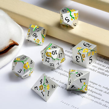 Silver Metal DND Dice, DNDND 7 PCS Heavy Flower Metallic D&D Dice Set with Grogeous Gift Case for Dungeons and Dragon Tabletop G
