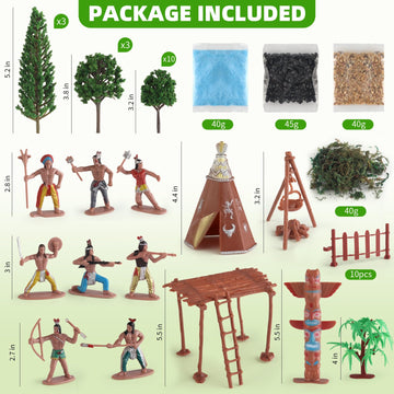44 Pcs Native American Indians Figures Toys Set, Plastic Figurine Toys Includes Indian Figurines, Trees, Moss, Sand, Stones For Kids Historical Education School Project Decoration Birthday Halloween