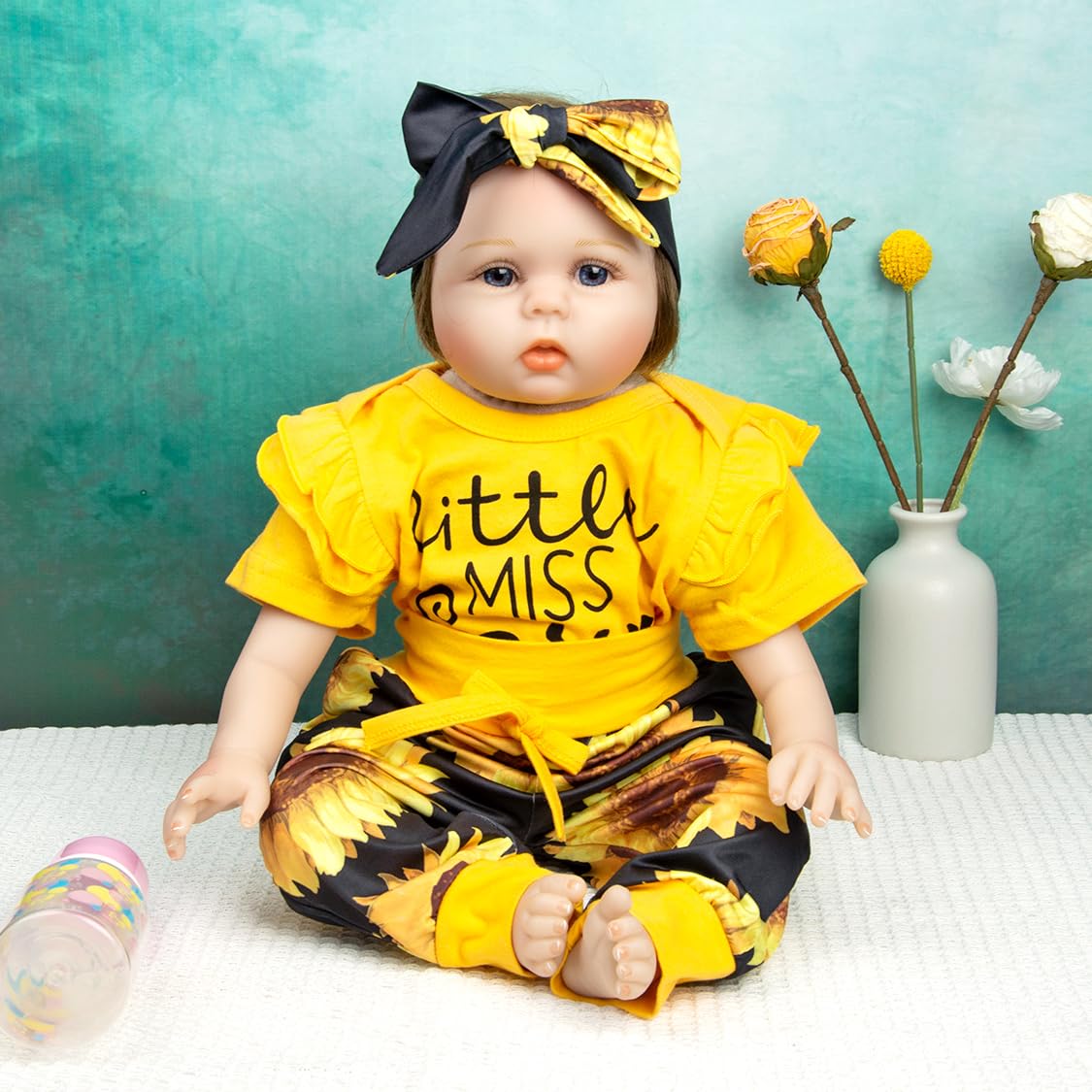 Medylove Reborn Dolls Baby Clothes Yellow Outfit For 20-22 Inch Reborn Baby Dolls 3 Piece Set Clothing With Sunflowers Patterns