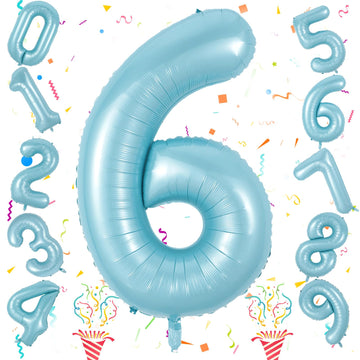 Light Blue Number 6 Balloon For Kids 6Th Birthday, 40 Inch Large Pearl Baby Blue Number Foil Balloon, Mylar Self Inflating Heliu