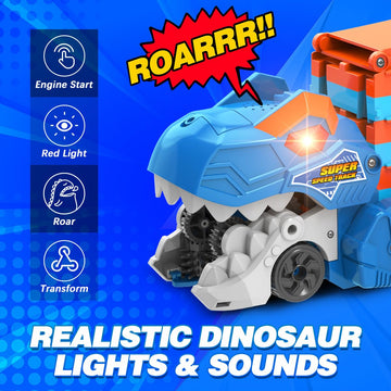 TERRAMUS Dinosaur Transport Truck Car Toy for Kids - 3 in 1 Ejection Folding Track Toys w/Sound, Portable Truck with 8 Race Cars