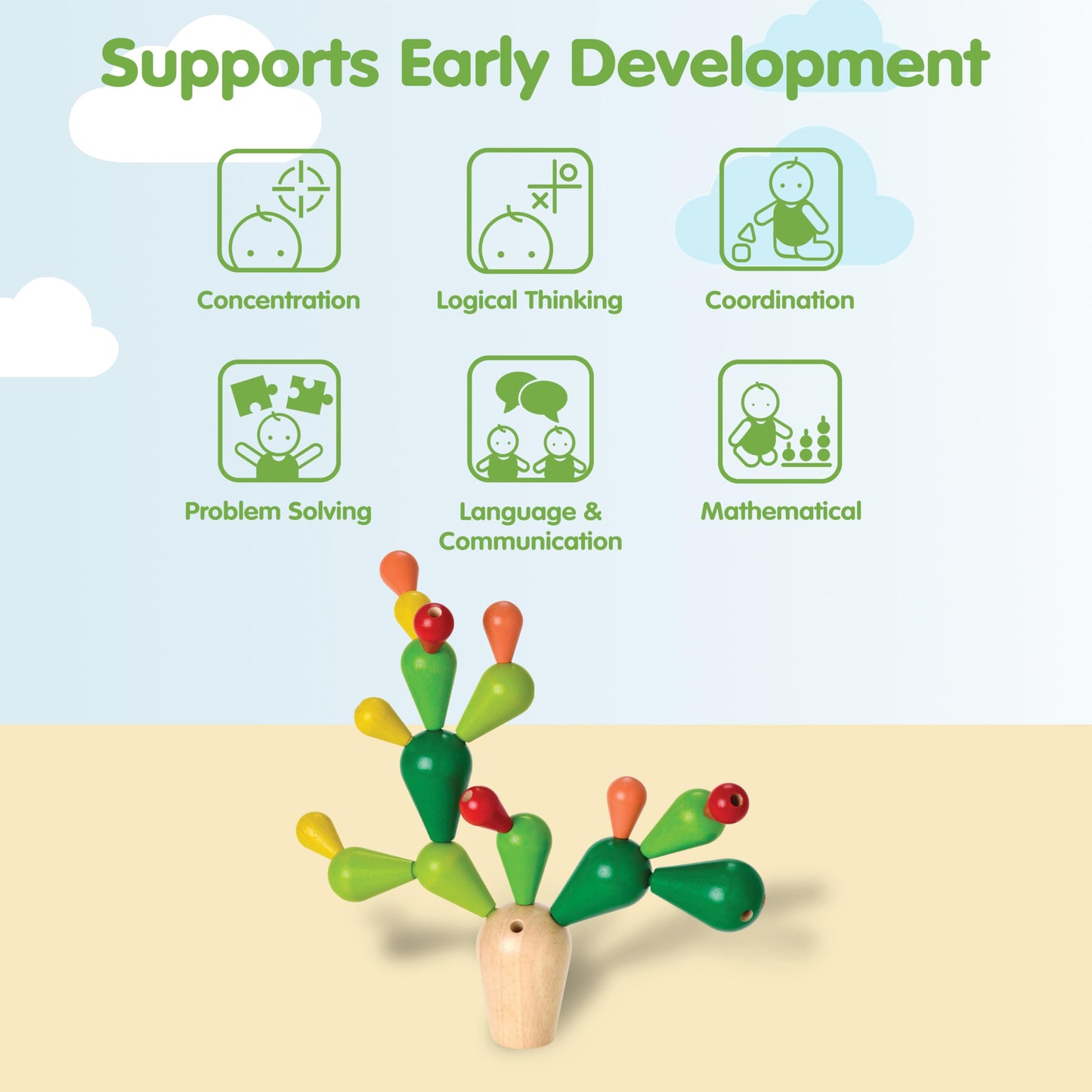 PlanToys Balancing Cactus | Montessori Wooden Toy for Toddlers | STEM Game for Fine Motor Skills, Logic & Coordination | Eco-Fri