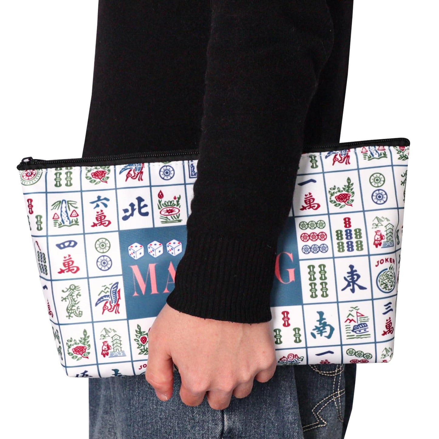 TIASUSAN American Mahjong Empty Bag - White Printed Mahjong Tile Bag (13x7 Inches,Only Case)