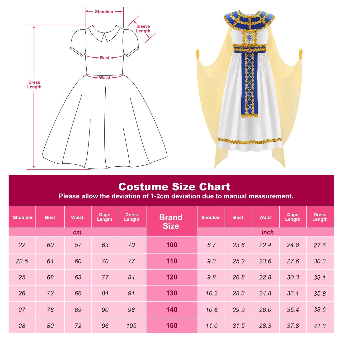 Relibeauty Egyptian Costume Kids Girls Halloween Pharaoh Costume For Girls, 140 White