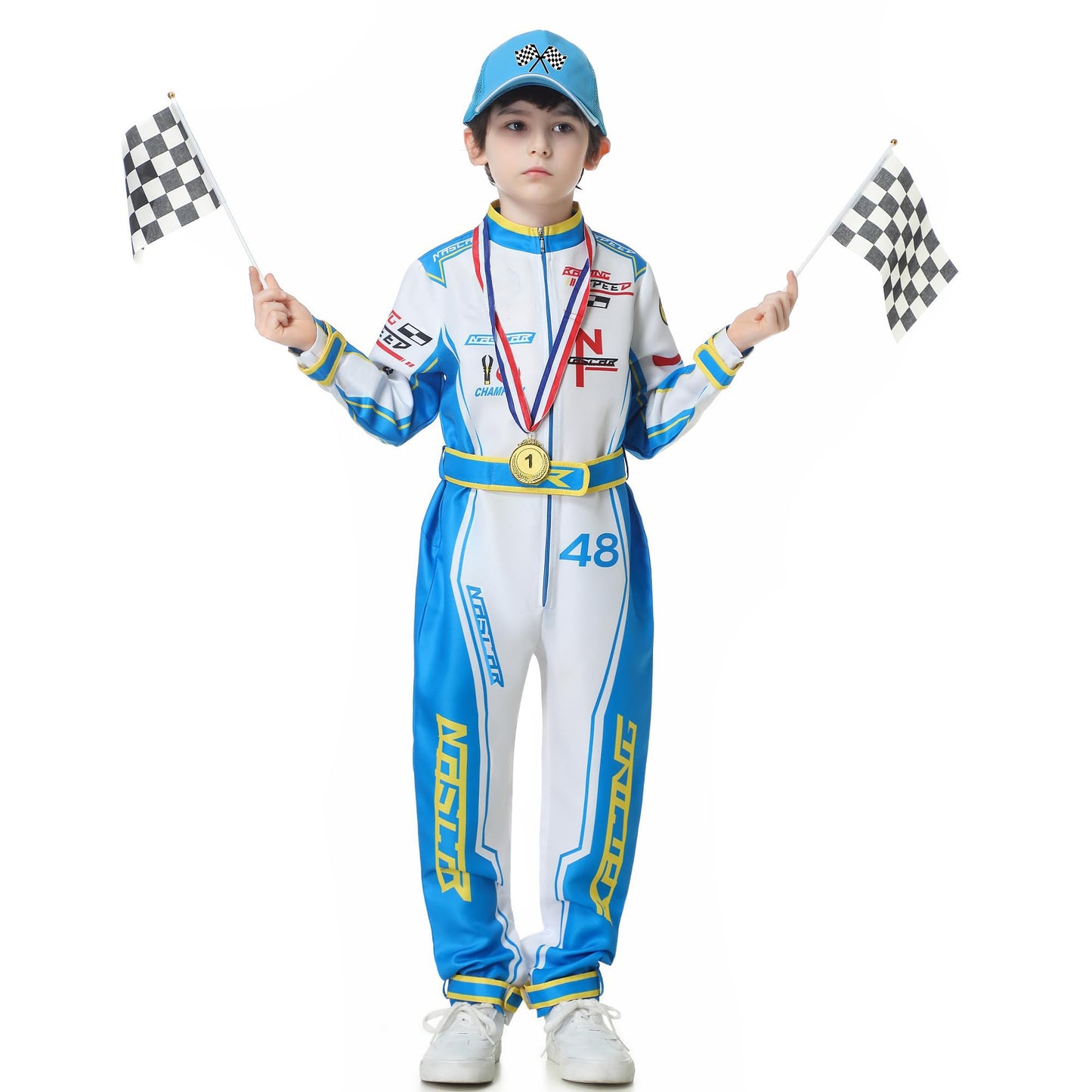 Treyrea Race Car Driver Costume Boys Racer Jumpsuit With Car Cap Kids Dress Up For Halloween (Blue, Xl(For Height 57''-60''))