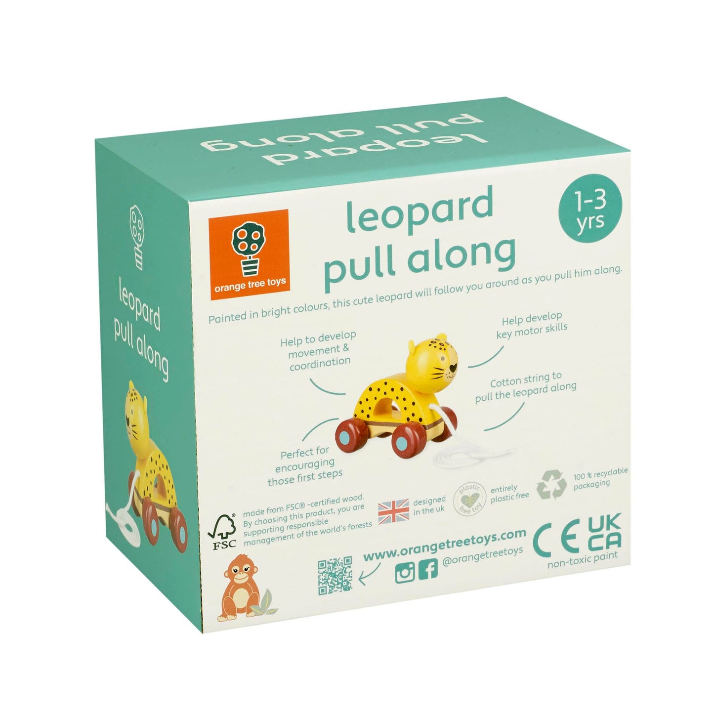 Orange Tree Toys: Pull Along: Leopard - Wooden Toy, Colorful Wheeled Character, Push-Pull, Encourage First Steps, FSC Certified,
