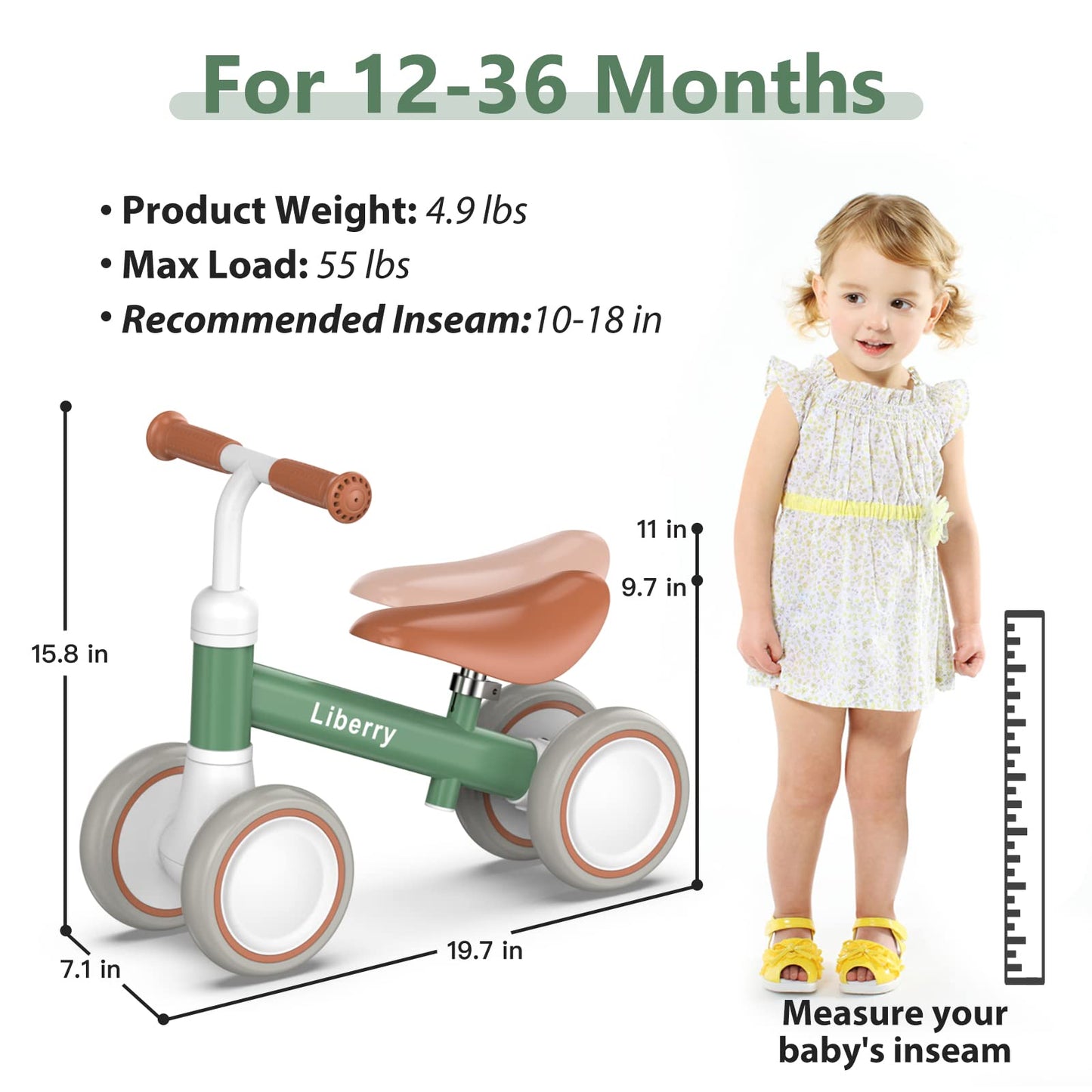 Liberry Baby Balance Bike For 1 2 3 Year Old Boys Girls, 4 Wheels Toddler Balance Bike With Adjustable Seat, Infant'S First Birthday Gift (Green)